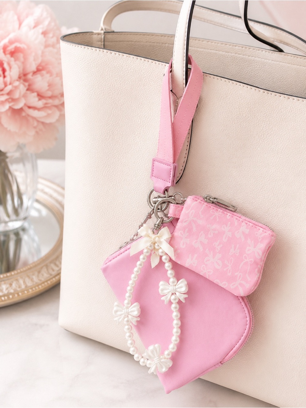 Pink Dual Wristlet Keychain Coin Pouch Card Holder Pearl Bow Charm NWT - Picture 8 of 8